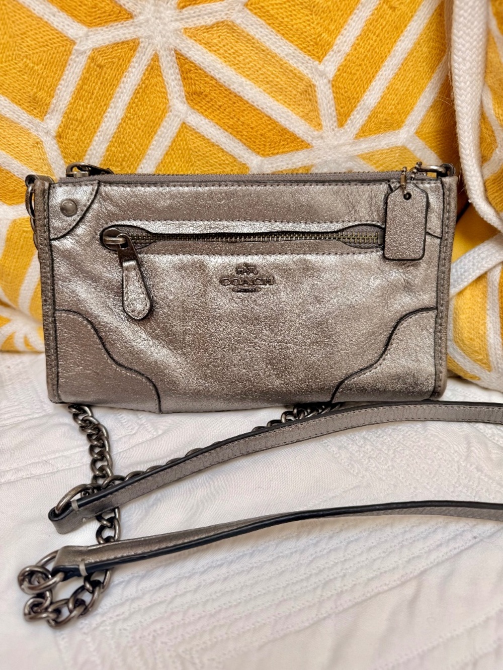Coach Mickie Crossbody bag in a Metallic Pewter Leather